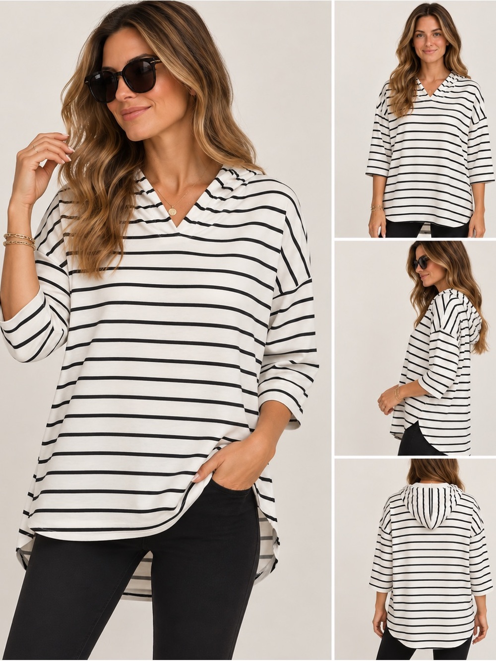 Striped V-Neck Oversized Tunic Hoodie – High-Low Hem